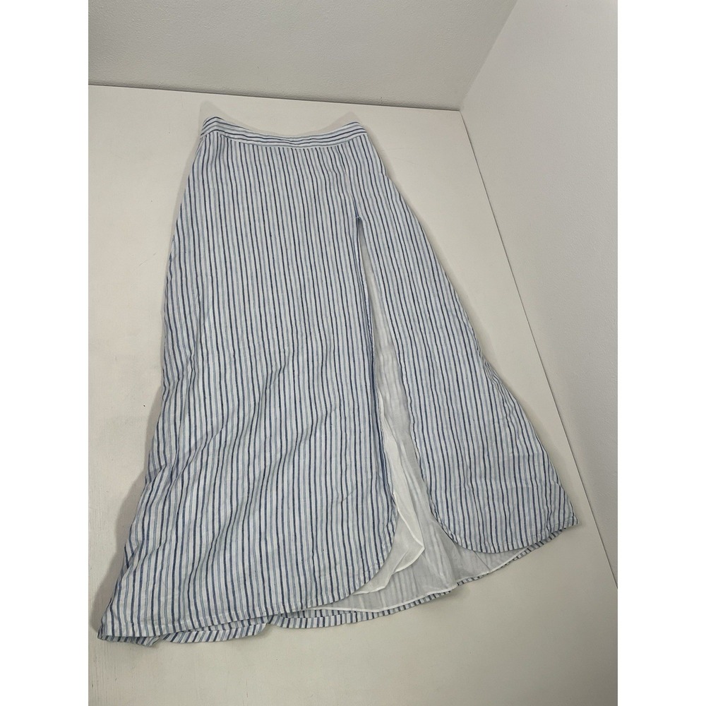 100% Linen Maxi Skirt Size 2 Slit Leg Island Company Blue White Euro-Summer